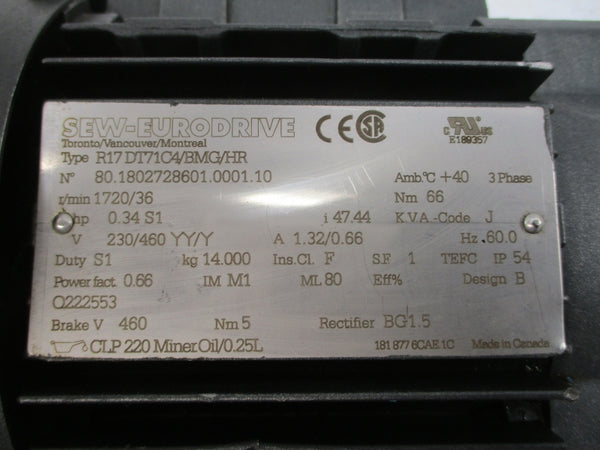 SEW-EURODRIVE R17DT71C4/BMG/HR 230/460V 1.32/0.66A NSNP