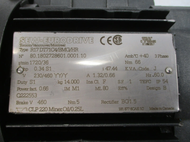 SEW-EURODRIVE R17DT71C4/BMG/HR 230/460V 1.32/0.66A NSNP