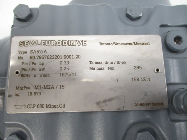 SEW-EURODRIVE SA57DR2S63M4/ASB8 460V 0.69A NSNP