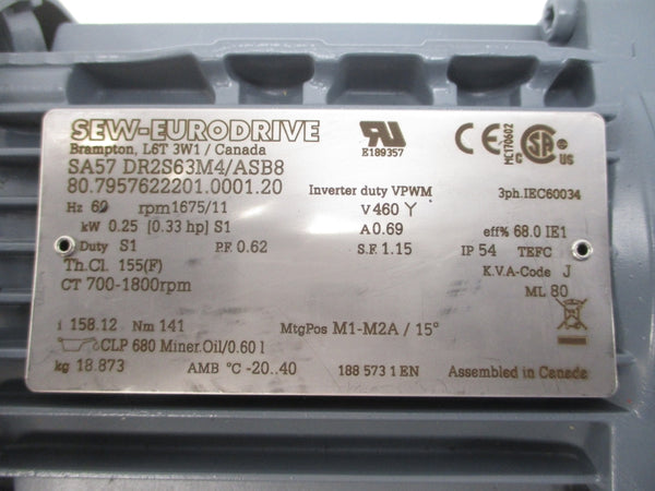 SEW-EURODRIVE SA57DR2S63M4/ASB8 460V 0.69A NSNP