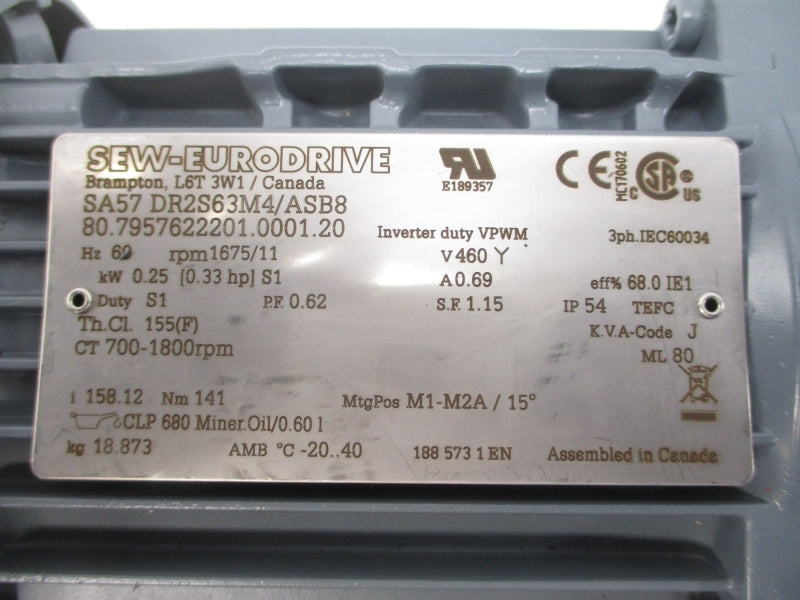 SEW-EURODRIVE SA57DR2S63M4/ASB8 460V 0.69A NSNP