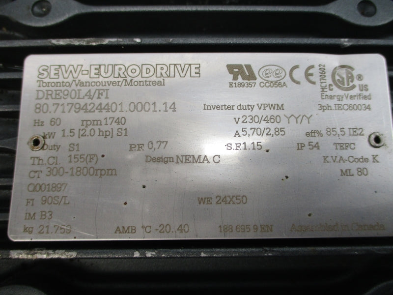 SEW-EURODRIVE DRE90L4/FI 230/460V 5.70/2.85A NSNP