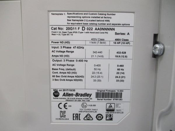 ALLEN BRADLEY 20G11FD022AA0NNNNN SER. A F/W 13.003 432-528VAC 19.9A NSMP
