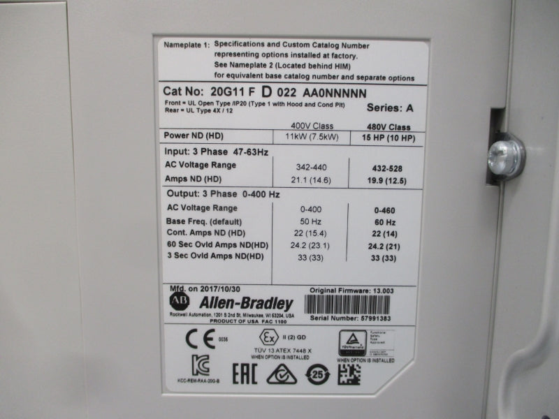 ALLEN BRADLEY 20G11FD022AA0NNNNN SER. A F/W 13.003 432-528VAC 19.9A NSMP
