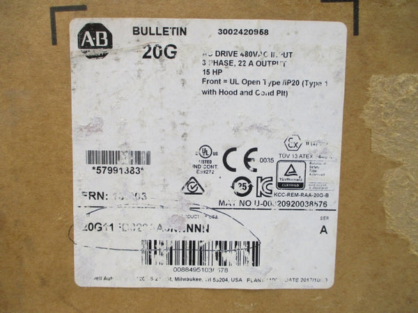 ALLEN BRADLEY 20G11FD022AA0NNNNN SER. A F/W 13.003 432-528VAC 19.9A NSMP