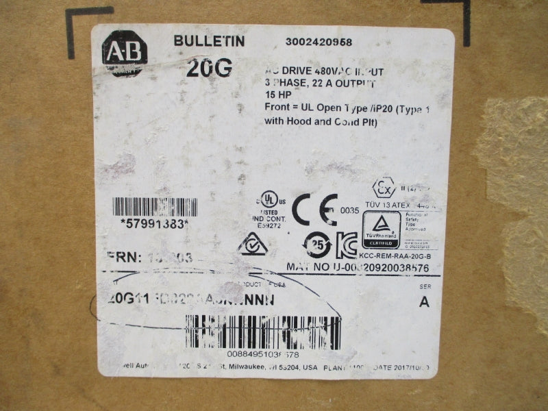 ALLEN BRADLEY 20G11FD022AA0NNNNN SER. A F/W 13.003 432-528VAC 19.9A NSMP