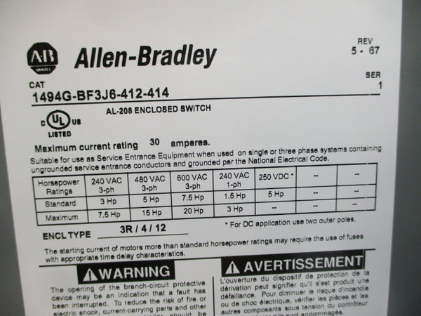 ALLEN BRADLEY 1494G-BF3J6-412-414 SER. 1 240/480VAC 30A (BR/WH) NSMP