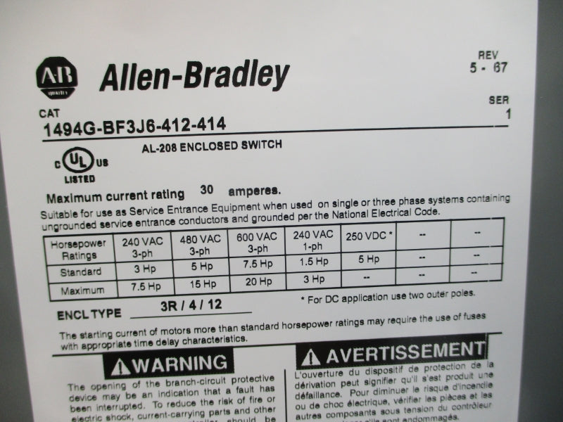 ALLEN BRADLEY 1494G-BF3J6-412-414 SER. 1 240/480VAC 30A (BR/WH) NSMP