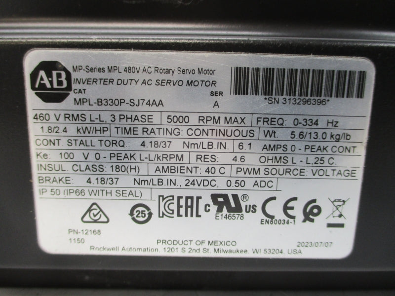 ALLEN BRADLEY MPL-B330P-SJ74AA SER. A 460VAC 6.1A NSNP