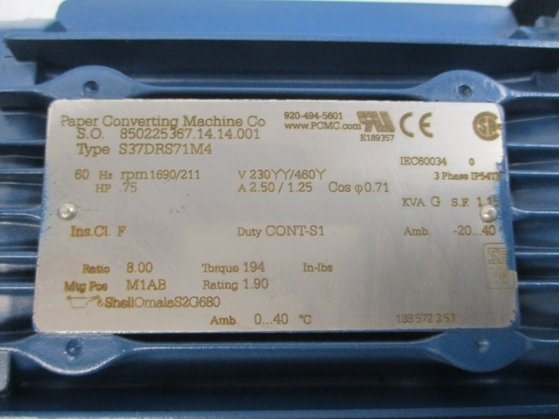 PAPER CONVERTING MACHINE S37DRS71M4 230/460V 2.50/1.25A NSNP