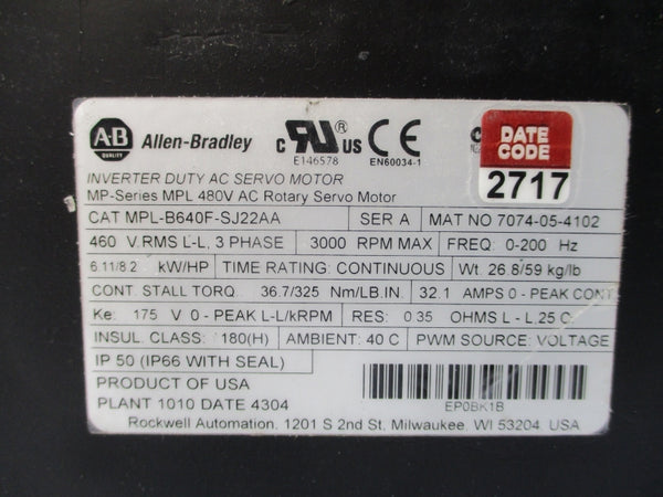 ALLEN BRADLEY MPL-B640F-SJ22AA SER. A 480VAC 32.1A NSNP