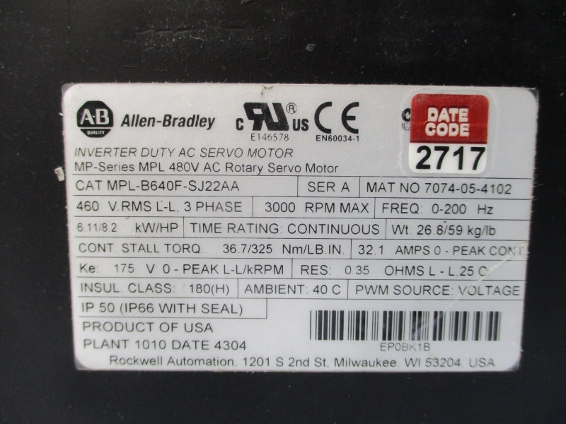 ALLEN BRADLEY MPL-B640F-SJ22AA SER. A 480VAC 32.1A NSNP