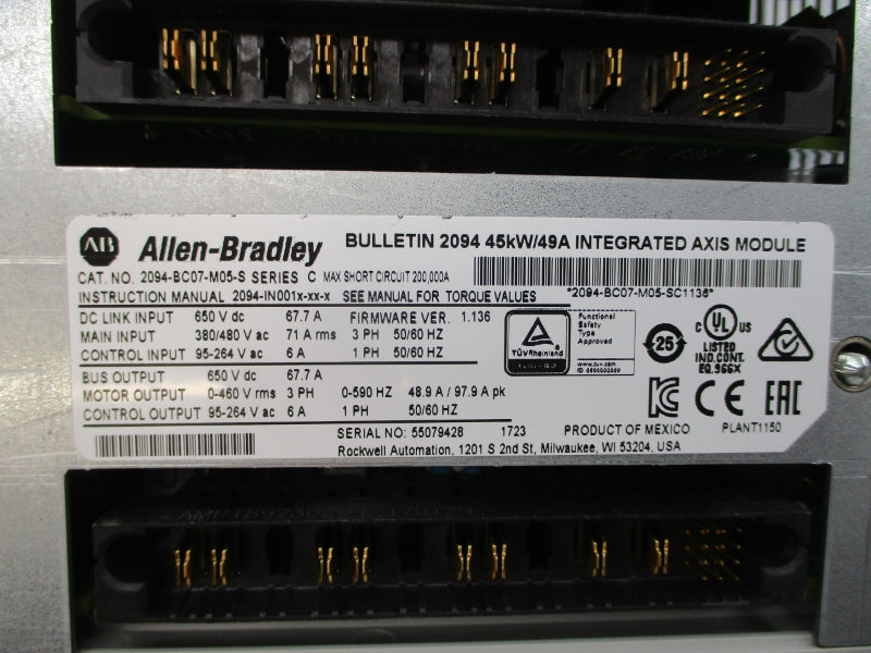 ALLEN BRADLEY 2094-BC07-M05-S SER. C F/W 1.136 380-480VAC 71A REMAN