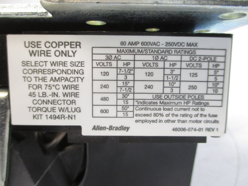ALLEN BRADLEY 1494V-DS60 SER. D 600V 60A (BR/WH) NSMP