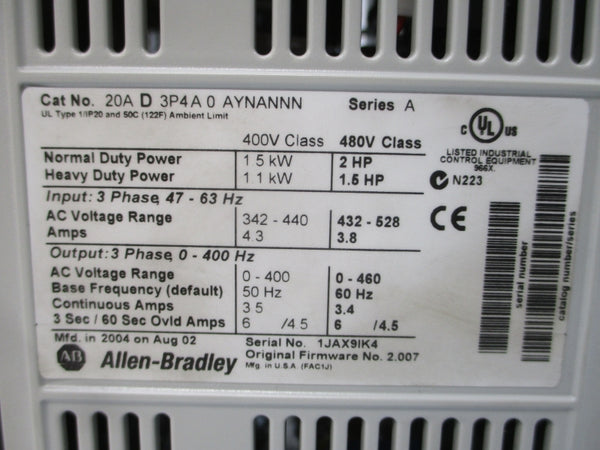 ALLEN BRADLEY 20AD3P4A0AYNANNN SER. A F/W 2.007 432-528VAC 3.8A NSMP