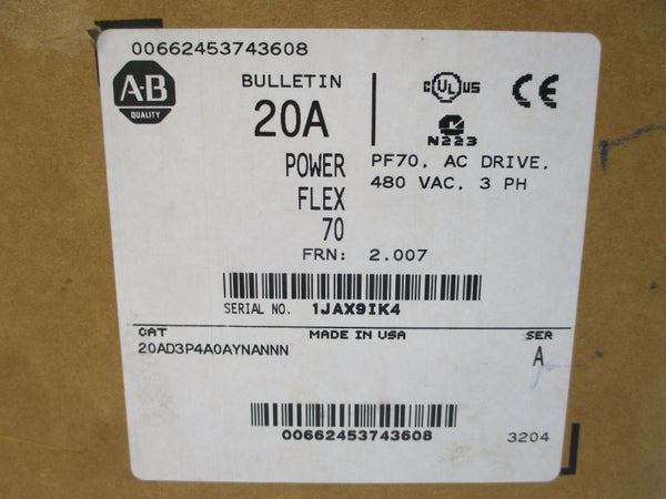 ALLEN BRADLEY 20AD3P4A0AYNANNN SER. A F/W 2.007 432-528VAC 3.8A NSMP