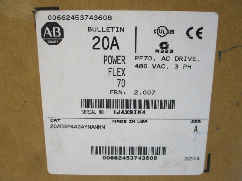 ALLEN BRADLEY 20AD3P4A0AYNANNN SER. A F/W 2.007 432-528VAC 3.8A NSMP