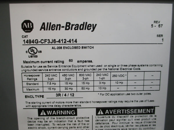 ALLEN BRADLEY 1494G-CF3J6-412-414 SER. 1 240/480/600VAC 60A (BR/WH) NSMP