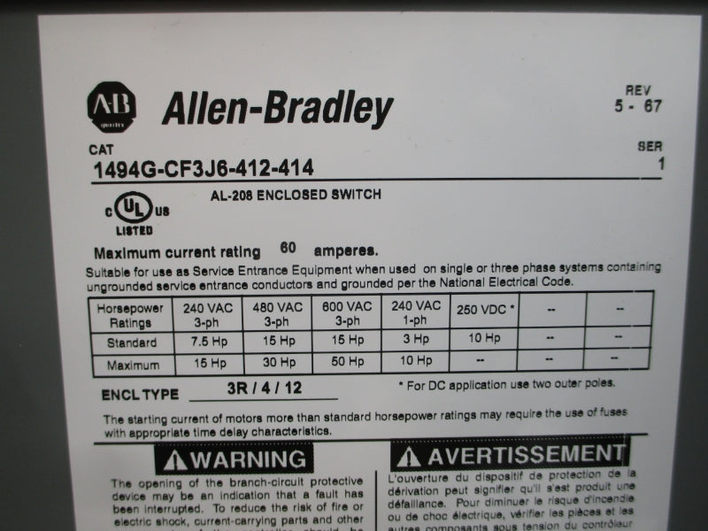 ALLEN BRADLEY 1494G-CF3J6-412-414 SER. 1 240/480/600VAC 60A (BR/WH) NSMP