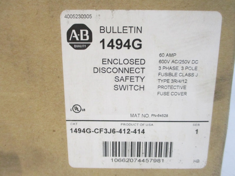 ALLEN BRADLEY 1494G-CF3J6-412-414 SER. 1 240/480/600VAC 60A (BR/WH) NSMP