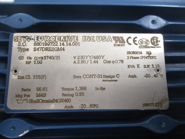 SEW-EURODRIVE S47DRE80M4 230/460V 2.90/1.44A NSNP