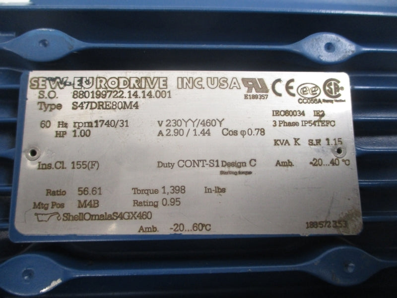 SEW-EURODRIVE S47DRE80M4 230/460V 2.90/1.44A NSNP