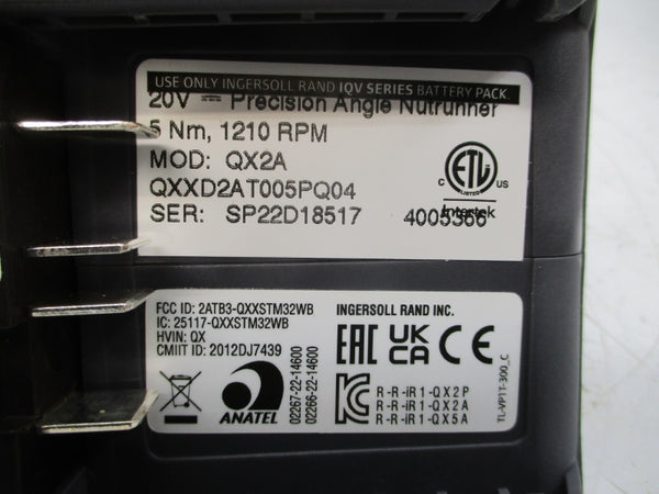 INGERSOLL-RAND CORDLESS TORQUE NUTRUNNER QX2A QXXD2AT005PQ04 20V NSMP