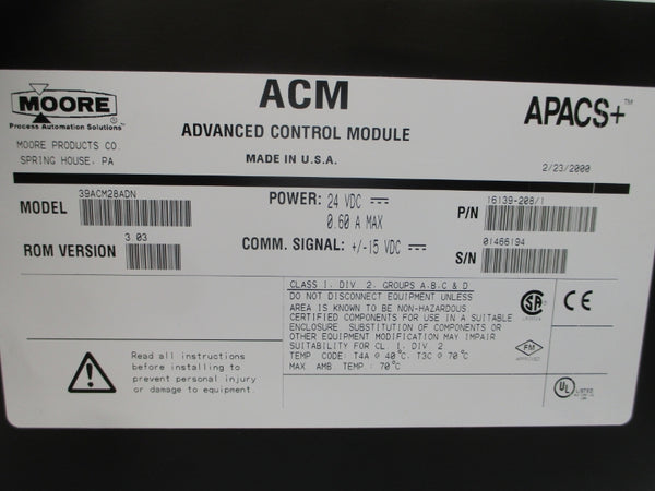 MOORE PRODUCTS 39ACM28ADN 16139-208/1 24VDC 0.60A REV. 3.03 NSMP