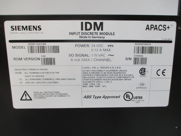 SIEMENS 39IDM115ACCBN 24VDC 0.12A REV. 3.00 NSMP