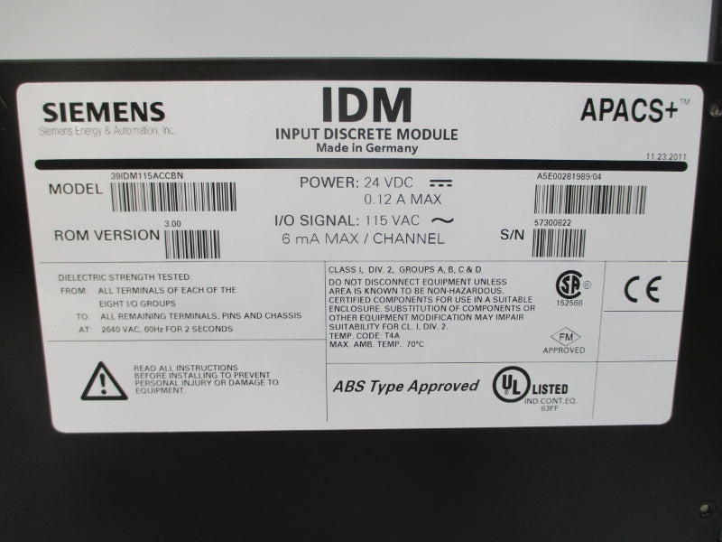 SIEMENS 39IDM115ACCBN 24VDC 0.12A REV. 3.00 NSMP