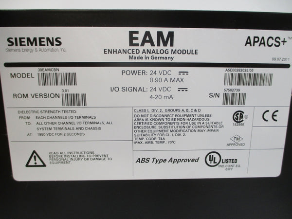 SIEMENS 39EAMCBN 24VDC 0.90A REV. 3.01 NSMP