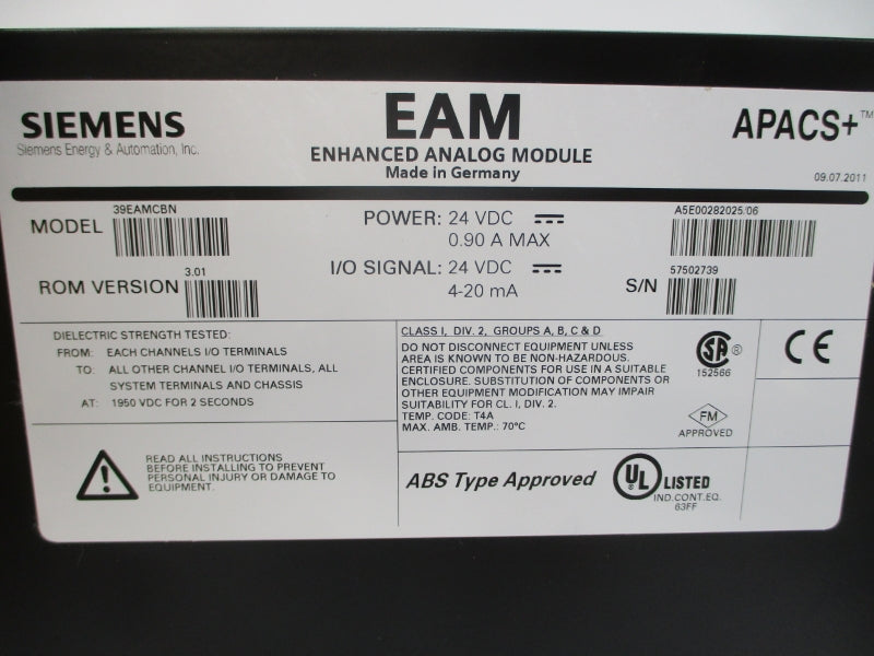 SIEMENS 39EAMCBN 24VDC 0.90A REV. 3.01 NSMP
