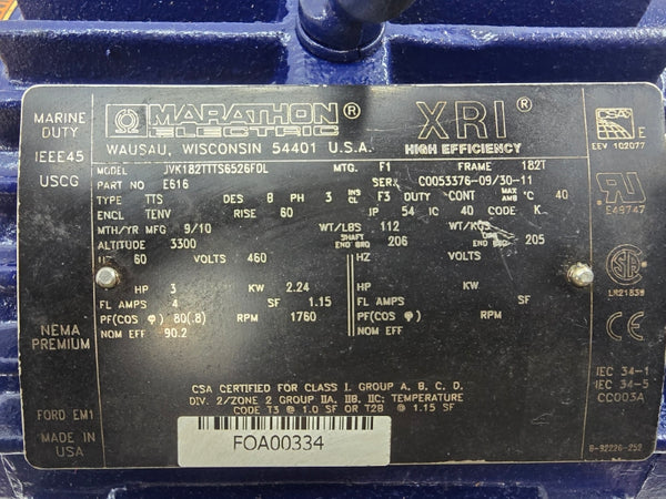 MARATHON ELECTRIC JVK182TTTS6526FDL E616 460V 4A NSNP