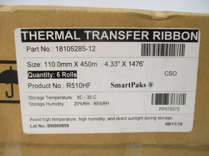 THERMAL TRANSFER RIBBON 18105285-12 4.33"X1476' (PKG OF 6) NSMP