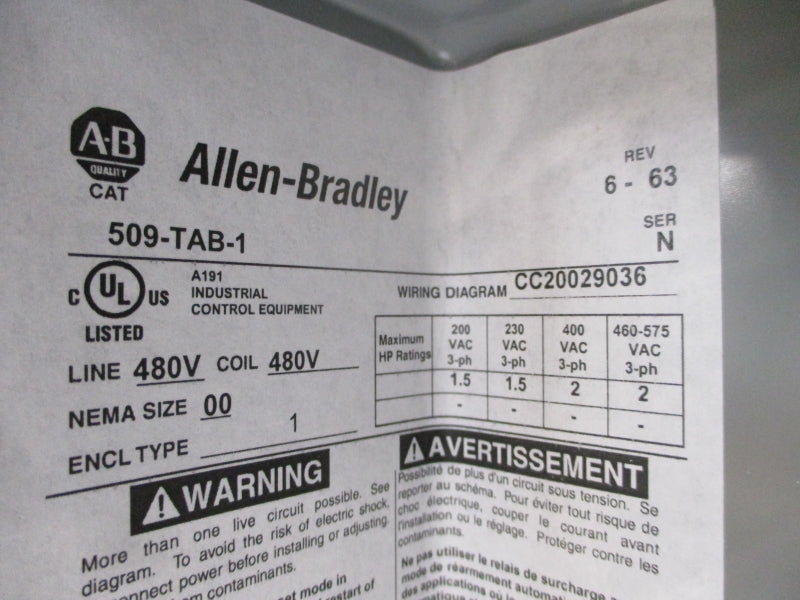 ALLEN BRADLEY 509-TAB-1 SER. N 460-480V (BR/WH) NSMP