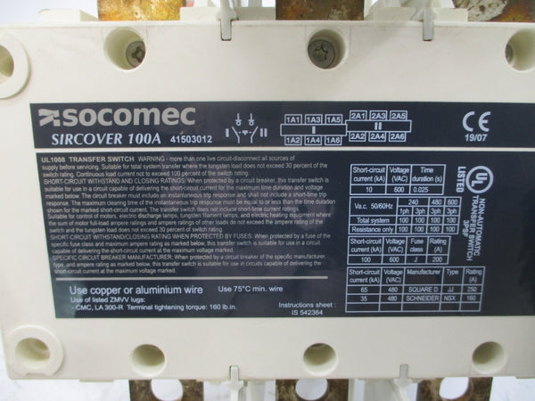 SOCOMEC 41503012 600VAC 100A NSMP