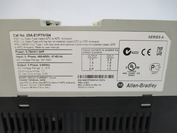 ALLEN BRADLEY 25A-E1P7N104 SER. A F/W 2.001 460-600VAC 1.7A UNMP