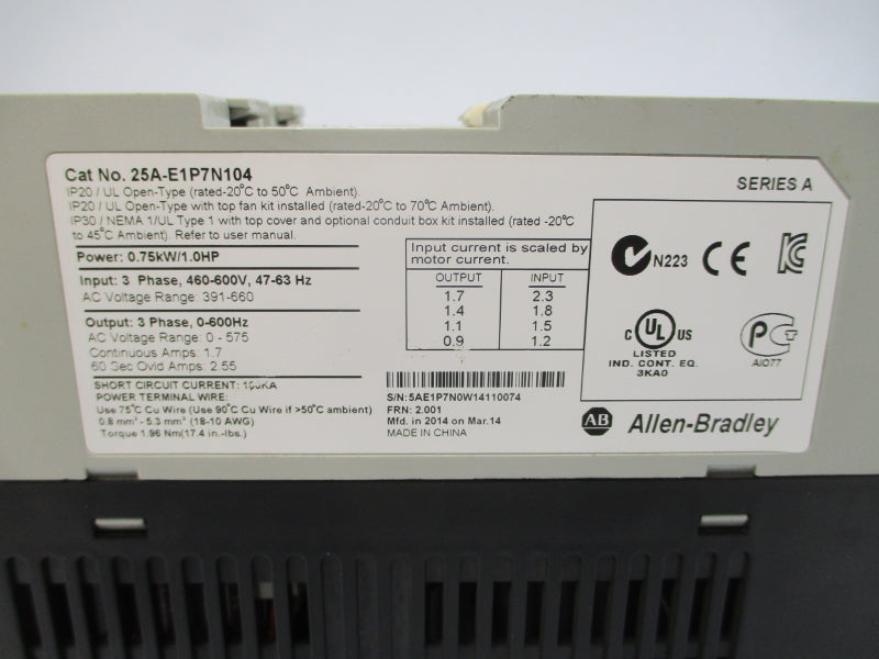 ALLEN BRADLEY 25A-E1P7N104 SER. A F/W 2.001 460-600VAC 1.7A UNMP
