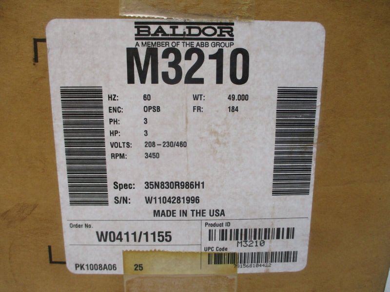 BALDOR M3210 35N830R986H1 208-230/460V 8.2-7.4/3.7A NSMP
