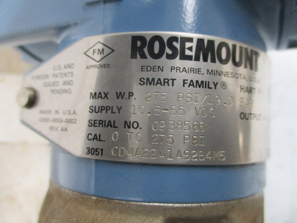 ROSEMOUNT 3051CD4A22A1AS2B4M5 10.5-55VDC 275PSI NSNP