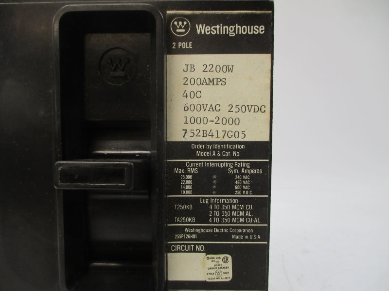 WESTINGHOUSE JB2200W 752B417G05 600VAC 200A NSMP
