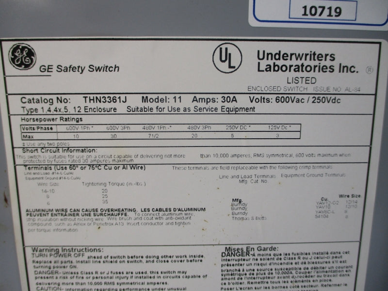 GENERAL ELECTRIC THN3361J 600VAC 30A UNMP