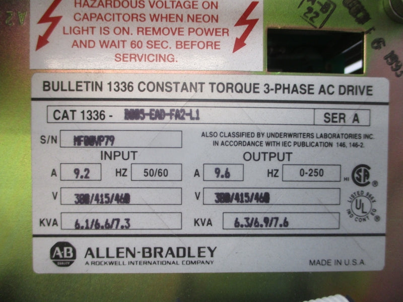ALLEN BRADLEY 1336-B005-EAD-FA2-L1 SER. A 380/415/460VAC 9.2A NSNP
