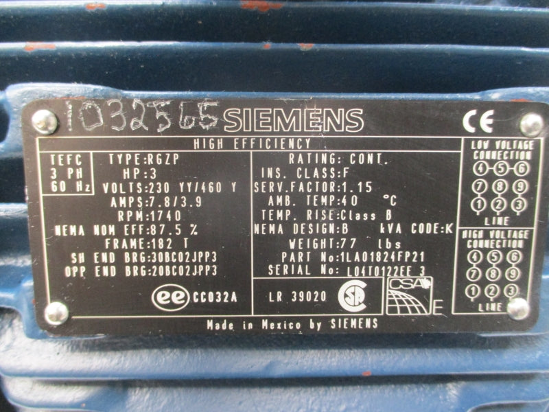 SIEMENS 1LA01824FP21 230/460V 7.8/3.9A NSNP