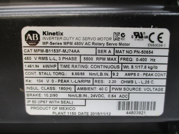 ALLEN BRADLEY MPM-B1153F-MJ74AA SER. A 480VAC 9.2A NSMP