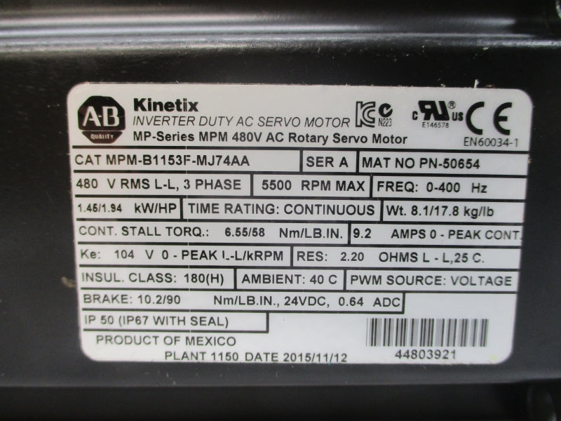 ALLEN BRADLEY MPM-B1153F-MJ74AA SER. A 480VAC 9.2A NSMP