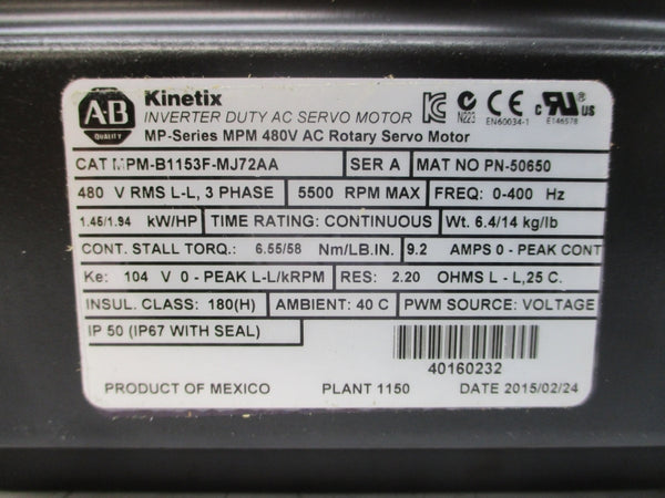 ALLEN BRADLEY MPM-B1153F-MJ72AA SER. A 480VAC 9.2A NSMP