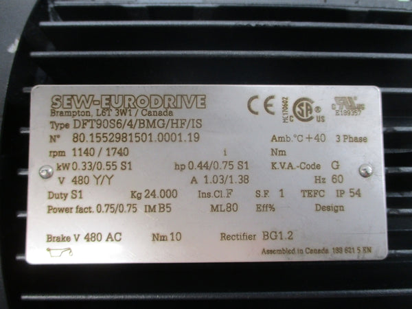 SEW-EURODRIVE DFT90S6/4/BMG/HF/IS 480V 1.03/1.38A NSNP