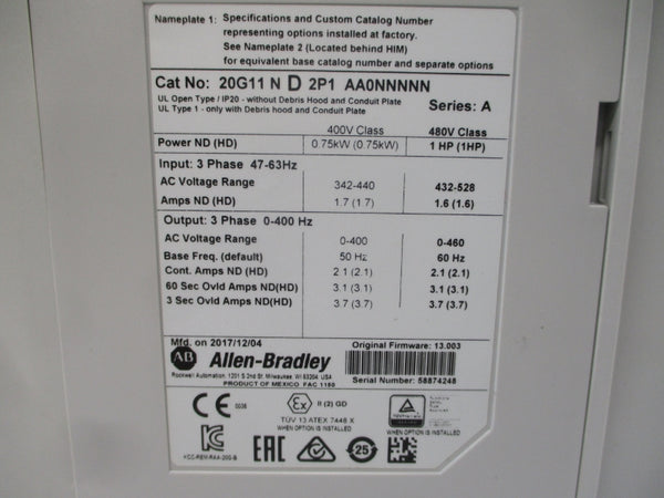 ALLEN BRADLEY 20G11ND2P1AA0NNNNN SER. A F/W 13.003 432-528VAC 2.1A NSMP