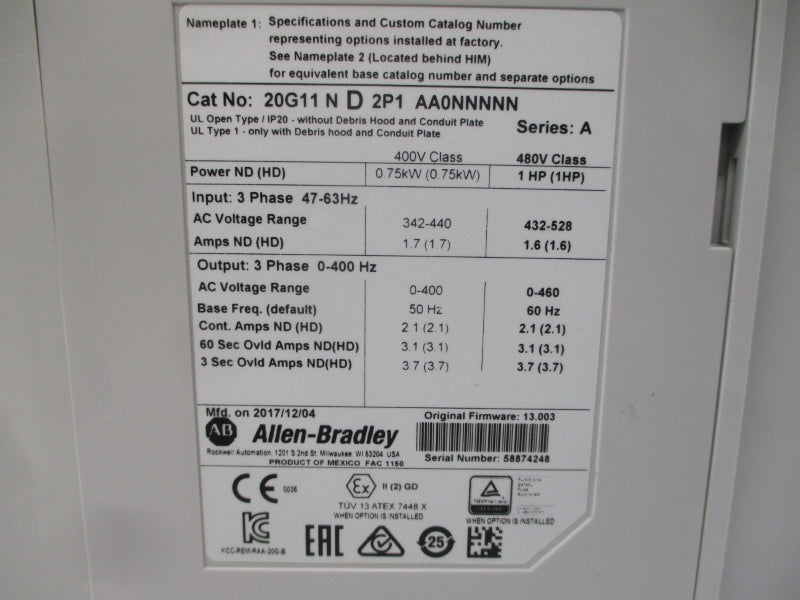 ALLEN BRADLEY 20G11ND2P1AA0NNNNN SER. A F/W 13.003 432-528VAC 2.1A NSMP